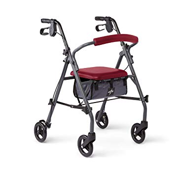 Medline Rollator Walker with Seat and Wheels, Folding Walker for Seniors with Microban Antimicrobial Protection, Durable Steel Frame Supports up to 300 lbs, 6 inch Wheels, Red