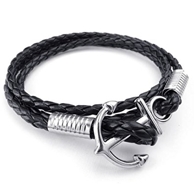 KONOV Mens Womens Leather Bracelet, Braided Anchor Wrap Bangle, Black Silver