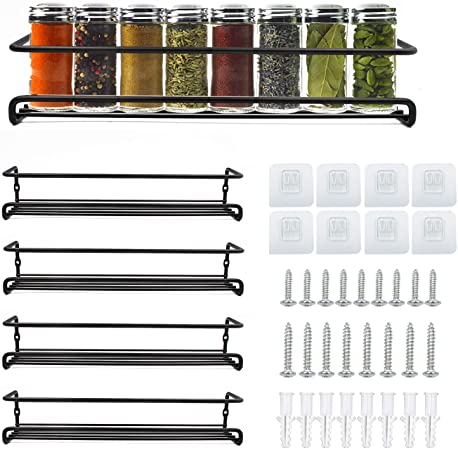 FOVERN1 4 Pack Wall Mount Spice Rack, Single Tier Hanging Organizers, Spice Storage Stand to Store Jars, Display Bottles Seasoning Organizer for Kitchen, Pantry