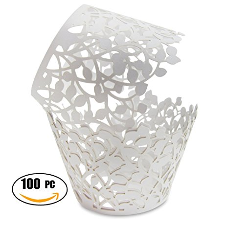 Cupcake Wrappers - 100 Pack White Shimmering Decorative Vine Lace Liner Wrapper - Versatile Design makes it perfect for Weddings Birthdays Tea Parties and any Special Event