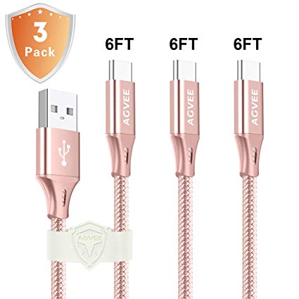 3A Heavy Duty [3 Pack 6ft] USB C Cable Seamless End Tip Type C Charger Cord, Agvee Metal Shell, Braided Type C Charger, Fast Charging Cable for Samsung Galaxy S9 S8 Note 8 Pink