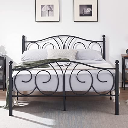 VECELO Queen Metal Platform Bed Frame Mattress Foundation with Deluxe Iron-Art Headboard/Footboard/Under Bed Storage, No Box Spring Needed, Metal Black