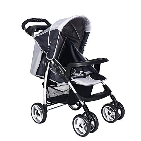 Baby Pram Pushchairs Buggy Stroller Safe&Care Four Wheel Foldable Adjustable Jogger Travel System-Grey and Dark Grey