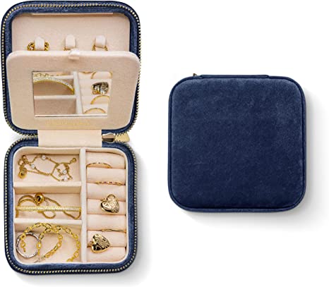 Plush Velvet Travel Jewelry Box Organizer | Travel Jewelry Organizer Box, Travel Jewelry Case | Small Jewelry Box for Women, Jewelry Travel Case | Earring Organizer with Mirror - Navy Blue