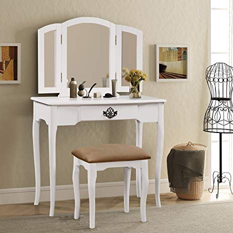Harper & Bright Designs Vanity Set Make-up Dressing Table with Mirror and Cushioned Stool (white)