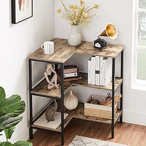 VECELO Corner Cabinet Table with 3 Tier Open Shelf, Multipurpose Display Organizer Storage Stand, for Small Space Living Room Home Office Kitchen, Grey