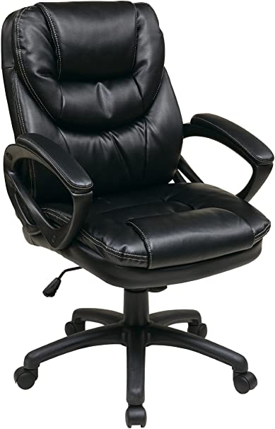 Office Star Faux Leather Manager's Chair with Padded Arms, Black