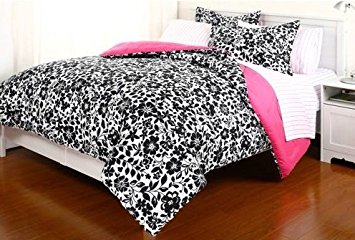 5 Pieces Black White Reversible Comforter and Pink Sheet Set for All Seasons, Twin X-Large, Amelia
