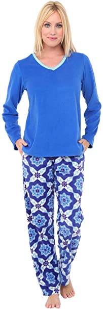 Alexander Del Rossa Women's Warm Fleece Pajamas, Long V Neck Pj Set