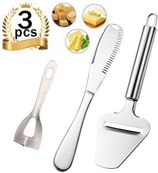 Cheese Slicer,3-in-1 Stainless Steel Cheese Cutter Tools Set with Butter Knife for Different Hardness Cheeses and Butter,Non-Stick Cheese Knife Kit