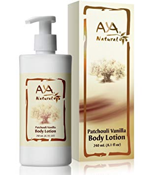 Patchouli-Vanilla Body Lotion for Dry Skin - Natural Vegan Olive Oil Sensitive Cracked Skin Moisturizing Cream 8.1 oz - Olive, Jojoba, Avocado & Almond Oils Blend