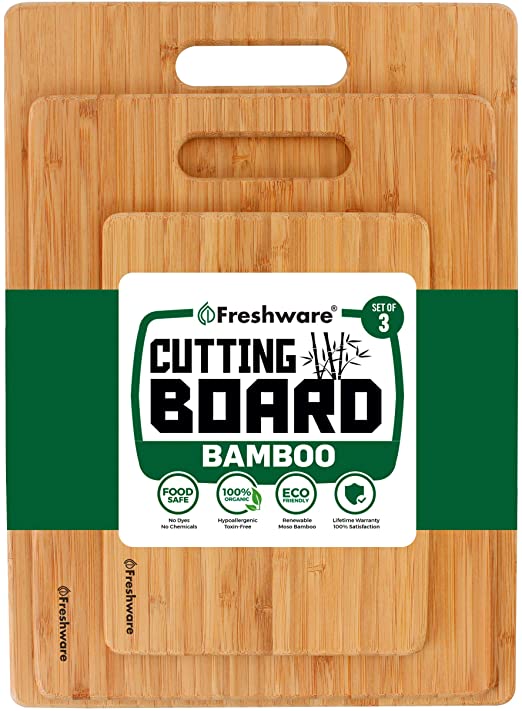 Freshware BC-200PK 3 Piece Bamboo Cutting Board Set Perfect for Meat-Veggie Prep, Serve Bread, Crackers, Cheese and Cocktail Bar, Brown