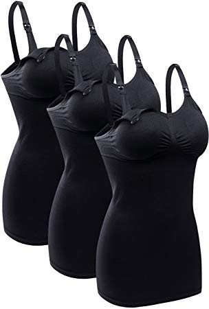 Bralido Women's Nursing Tanks Camis with Built-in Maternity Bra for Breastfeeding Pack of 3 Color Black Size S