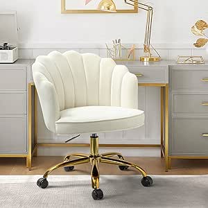 HULALAHOME Velvet Home Office Chair with Gold Base, Womans Modern Cute Shell Back Upholstered Desk Chair for Vanity, Adjustable Swivel Task Chair for Living Room,【Ivory Chair for Desk】