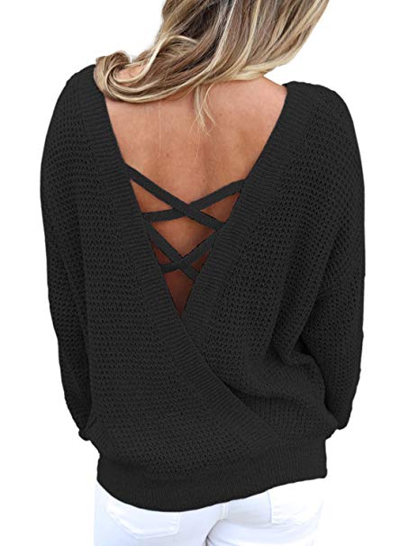 Asvivid Women's Long Sleeve Criss Cross Backless Casual Loose Knit Pullover Sweaters S-XL