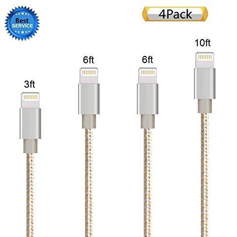 iPhone Cable SGIN, 4Pack 3FT 6FT 6FT 10FT Nylon Braided Cord Lightning Cable Certified to USB Charging Charger for iPhone 7,7 Plus,6S,6s Plus,6,6plus,SE,5S,5,iPad,iPod Nano 7 - GoldSilver