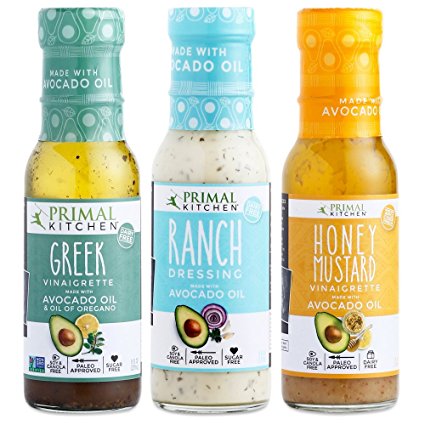 Primal Kitchen - Ranch, Greek and Honey Mustard Variety 3-Pack, Avocado Oil-Based Dressing, Whole30 and Paleo Approved (8 oz each)