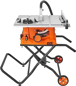 VEVOR Table Saw with Stand, 10-inch 15-Amp, 25-in Max Rip Capacity, Cutting Speed up to 5000RPM, 40T Blade, Portable Compact Jobsite Tablesaw w/Sliding Miter Gauge for Woodworking & Furniture Making