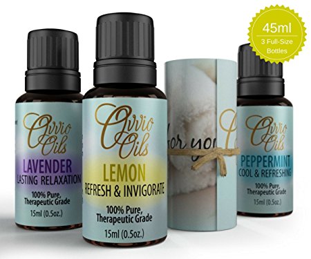 Essential Oil Set by Ovvio, Therapeutic Grade Aromatherapy Kit, 100% Pure, Includes Peppermint, Lavender and Lemon, Premium Gift Set