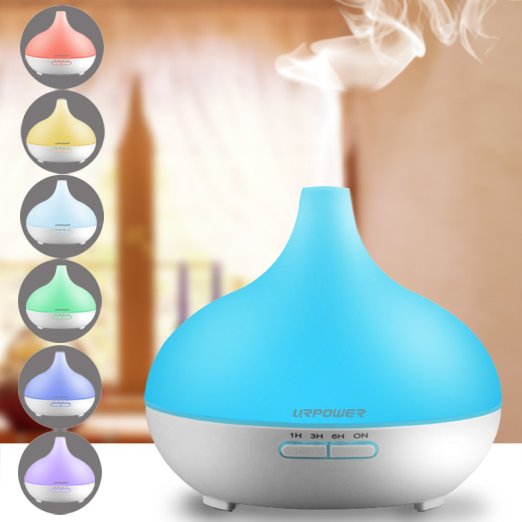 300ml Essential Oil DiffuserURPOWER Aromatherapy Diffuser Ultrasonic Cool Mist Humidifier with AUTO Shut off Function 7 Color Changing LED Lights and 4 Timer Settings for Home Office Yoga Baby Room