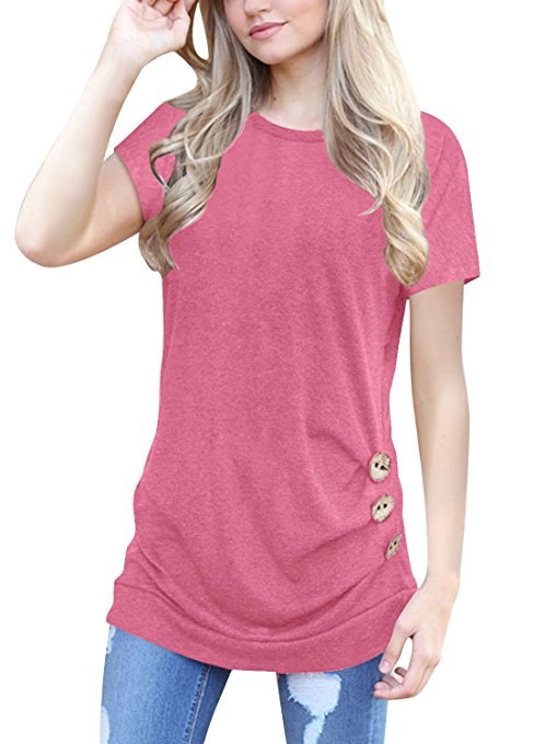 OURS Women's Casual Short Sleeve Tunics Round Neck Solid Loose T Shirt Blouse Tops