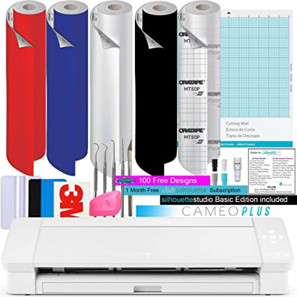 Silhouette Cameo 4 Plus Bundle with 4-12ft Rolls of ORACAL 651 Vinyl, 30 Ft of ORATAPE Transfer Tape,CrafterCuts Vinyl Tool Kit, 100, and Access to 12  Ebooks, Classes, Tutorials