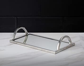 Elegant Silver Mirror Tray - with Chrome Edging and Handles - Rectangle Vanity Tray - Ideal for Ottoman, Coffee Table, Perfume Set, Living Room, Dining Room, Whiskey Decanter Set. 16 x 10 Inches