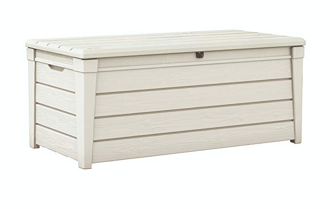 Keter Brightwood 120 Gallon Storage Pool Box Storage Deck Box with Accessories Modern Wood Look, White