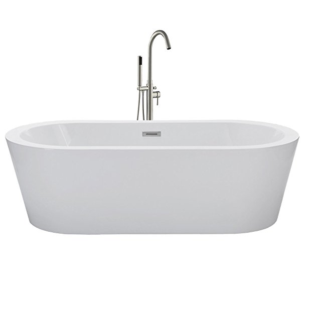 WOODBRIDGE 59" Acrylic Freestanding Bathtub Contemporary Soaking Tub with Brushed Nickel Overflow and Drain, B-0012 / BTA1506