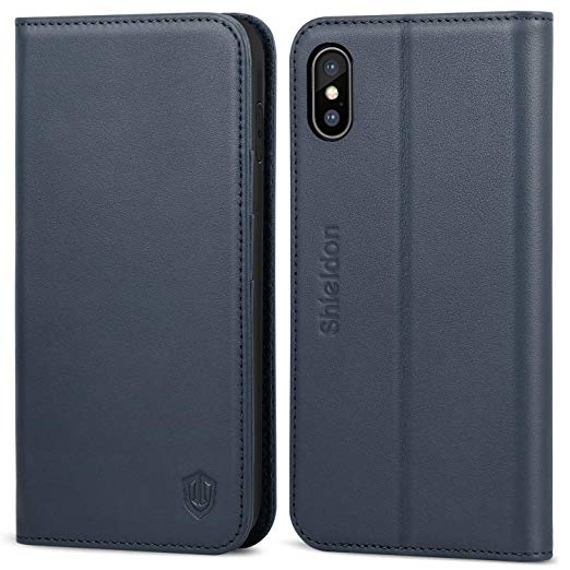 iPhone Xs Max Case, iPhone Xs Max Wallet Case, SHIELDON Genuine Leather Folio Magnetic Cover [Auto Sleep/Wake] [RFID Blocking] Card Slots Compatible with iPhone Xs Max (6.5" 2018 Release) - Dark Blue