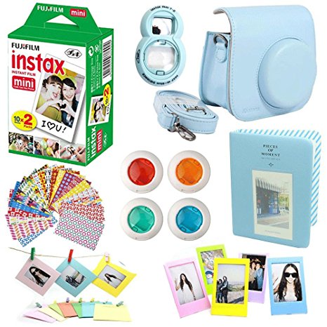 8 in 1 Fujifilm Instax Mini 8 Instant Film Camera Accessories Bundles - Fujifilm INSTAX Mini Instant Film Twin Pack - Blue Case, Selfie Lens, Colored Filters, Wall Hang Frames, Stickers All In One