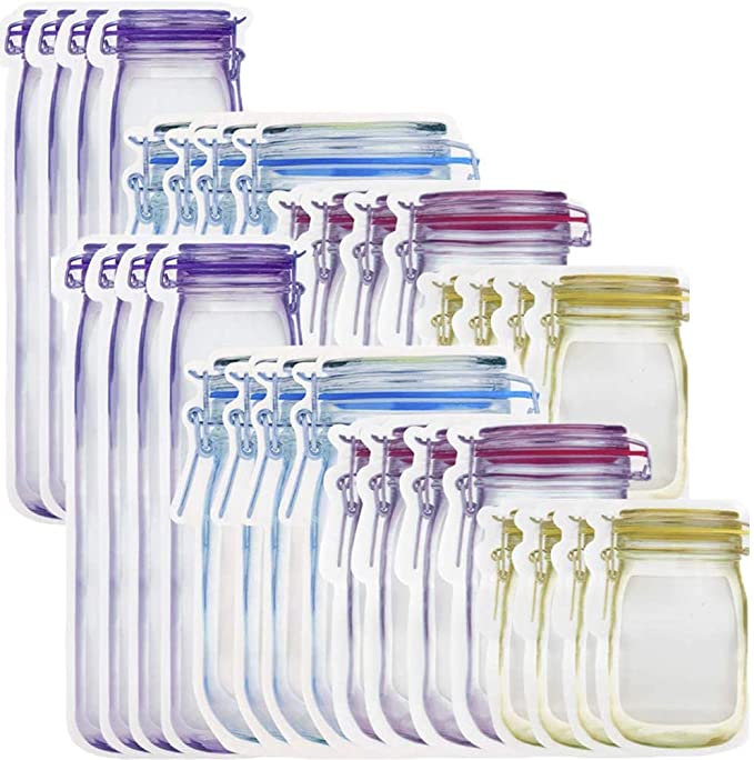 32 Pack Mason Jar Bottles Bags Portable Food Saver Storage Bags Zipper Airtight Sealed Bags Mason Ziplock Jar Bag for Travel Camping, 4 Sizes