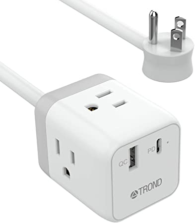 TROND Travel Power Strip with USB-C & QC 3.0 Fast Charger, 5ft Extension Cord, Flat Plug, 3-Outlet Mini Cube Desktop Charging Station for Dorm Home Office Cruise Essentials