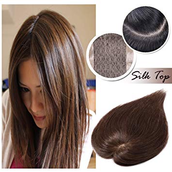 Clip in Topper for Women Human Hair Crown Toupee Silk Base at Middle PU Around Wiglet Hand-made Top Hairpieces Middle Part with Thinning Hair(14", Medium Brown #4)