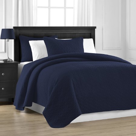PREWASHED DURABLE AND LIGHTWEIGHT PampR Bedding 3-Piece Cotton Filled Jigsaw Quilted Coverlet Set KingCali King Navy Blue