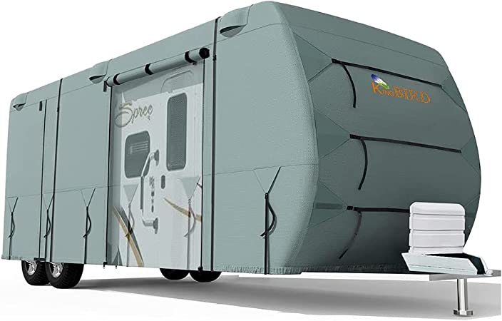 KING BIRD Extra-Thick 4 Layers Travel Trailer RV Cover Anti-UV Top Panel, Durable Camper Cover, Fits 35'-38' Motorhome -Breathable, Water-Proof, Rip-Stop with 2Pcs Extra Straps & 4 Tire Covers