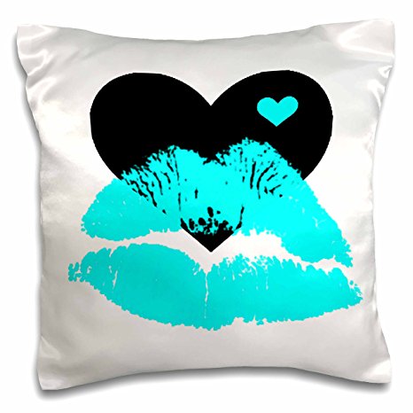 3dRose TURQUOISE Smooches Lips with A black and TURQUOISE Heart-Pillow Case, 16 by 16" (pc_45462_1)