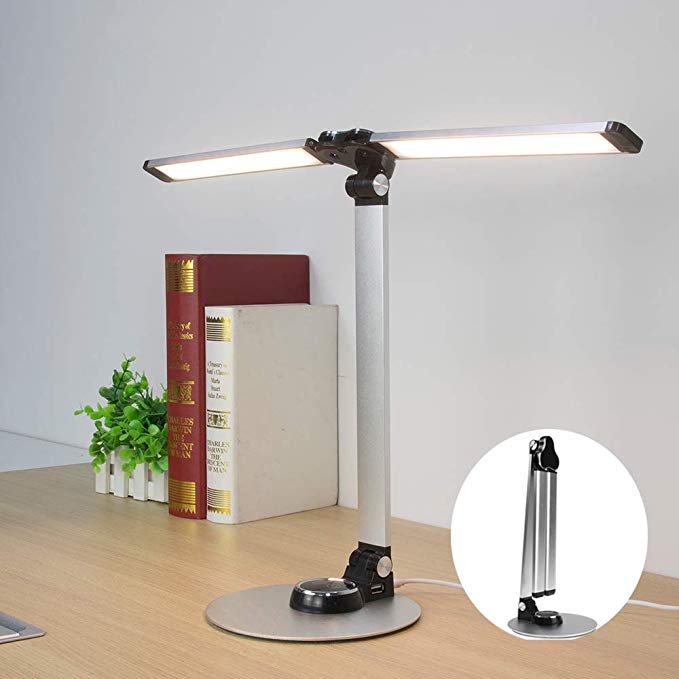 LED Desk Lamp,LED Table lamp,Two Light Tubes Office Desk Reading Light Color and Brightness dimmable USB Charging Port Touch Control for Study Working (Silver)