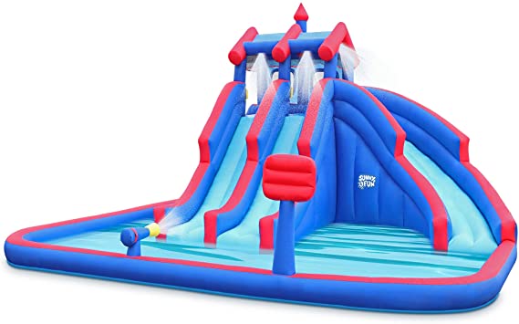 Deluxe Inflatable Water Triple Slide Park – Heavy-Duty Nylon Bouncy Station for Outdoor Fun - Climbing Wall, 3 Slides & Splash Pool – Easy to Set Up & Inflate with Included Air Pump & Carrying Case