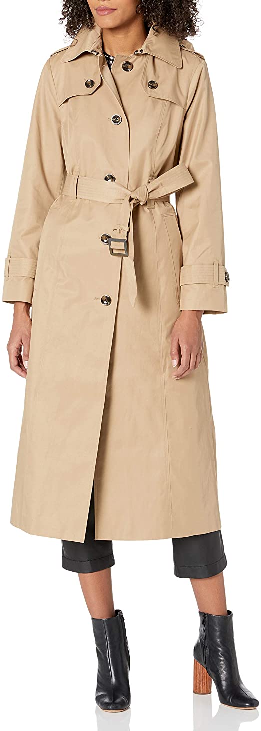 LONDON FOG womens Single Breasted Long Trench Coat With Epaulettes and Belt