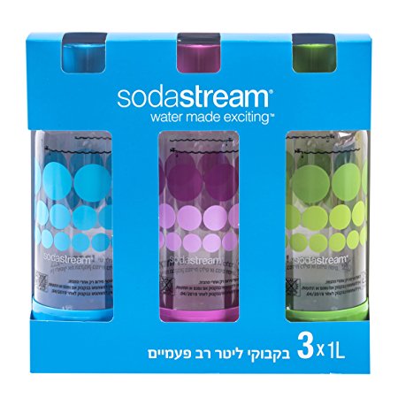 Original Sodastream Carbonating Bottle Three Pack ( blue, pink, green ) 1 Liter / 3.38oz Lasts Up To 3 Years - New Design Launched 2015