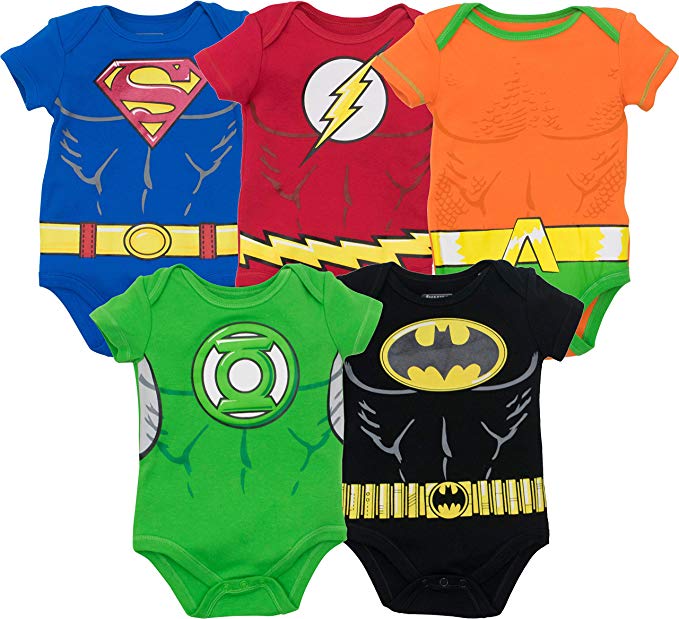 Justice League Baby Boys' 5 Pack Superhero Bodysuits - Batman, Superman The Flash & Green Lantern