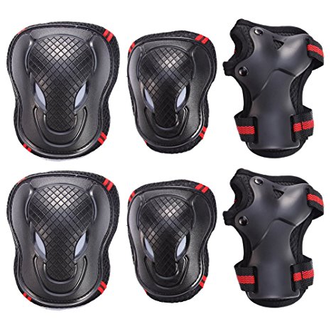 Gobike 6 in 1 Thicken Skateboard Cycling Roller Skating Outdoor Sport Blading Elbow Knee Wrist Protective Gear Pads Safety Gear Pad Guard for Adult & Child Kid Use - Red Black Color
