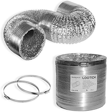 LOOTICH New Version Sturdy 6 Inch 8 Feet Non-Insulated Flexible Air Aluminum Ducting Vent Hoses for HVAC Ventilation with 2 Stainless Steel Clamps