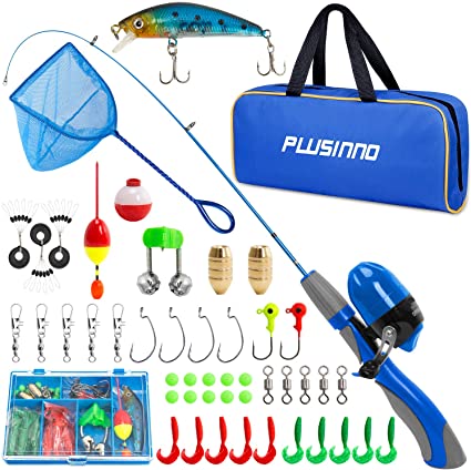 PLUSINNO Kids Fishing Pole, Portable Telescopic Fishing Rod Combos Full Kits - with Fishing Net, Travel Bag, and Tackle Box, Spincast Fishing Reel Youth Fishing Pole Fishing Gear for Kids, Girls, Boys