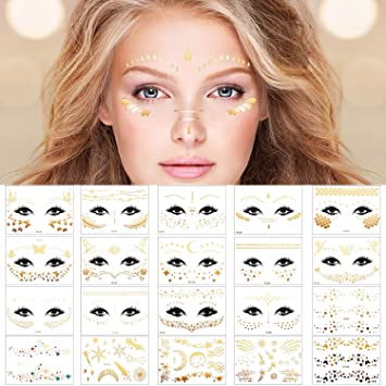 20 Pack Halloween Face Temporary Tattoo Sticker Face Gold Metallic Temporary Transfer Tattoo Freckle Sticker for Woman Girls Makeup Dancer Costume Parties