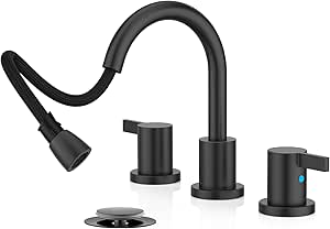 Phiestina Pull Down Sprayer Matte Black Widespread Bathroom Sink Faucet, 8 Inch 2 Handles 3 Hole Pull Out Bathroom Faucet，with Metal Pop-Up Drain and Water Supply Line，BF04012-K01-MB