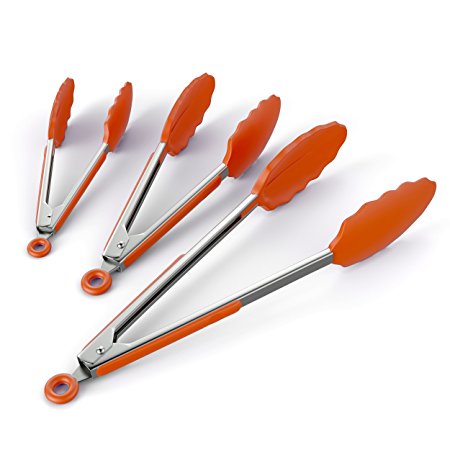 ChefStir Kitchen Tongs, Non-Stick Silicone, Heavy Duty, Stainless Steel, Set of 3 - 7, 9,12 Inch, Best Kitchen Collection for Cooking, Grilling or Barbecue - (Orange)