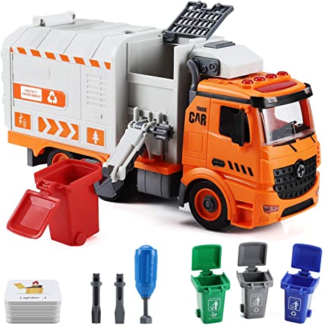 Flanney Garbage Truck Toys for Boys, Friction Powered Waste Management Recycling Truck Toy Set with 4 Trash Cans, Toy Vehicles with Light and Sound, Gifts for 3-12 Years Old Toddlers