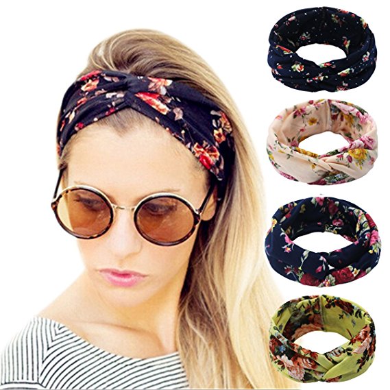 Hippih 4 Pack Women's Headbands Elastic Turban Head Wrap Floal Style Twisted Knotted Hair Band